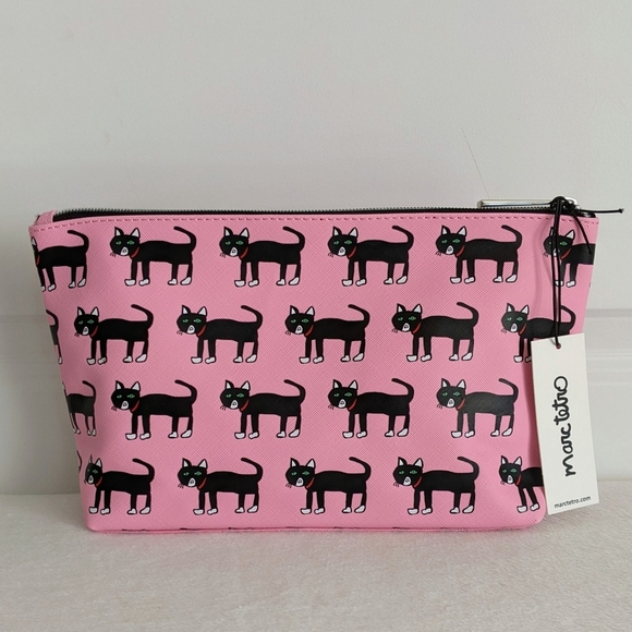 marc tetro Black Cat Print Large Cosmetic Case Pouch PVC Saffiano Pink NWT - Picture 5 of 14